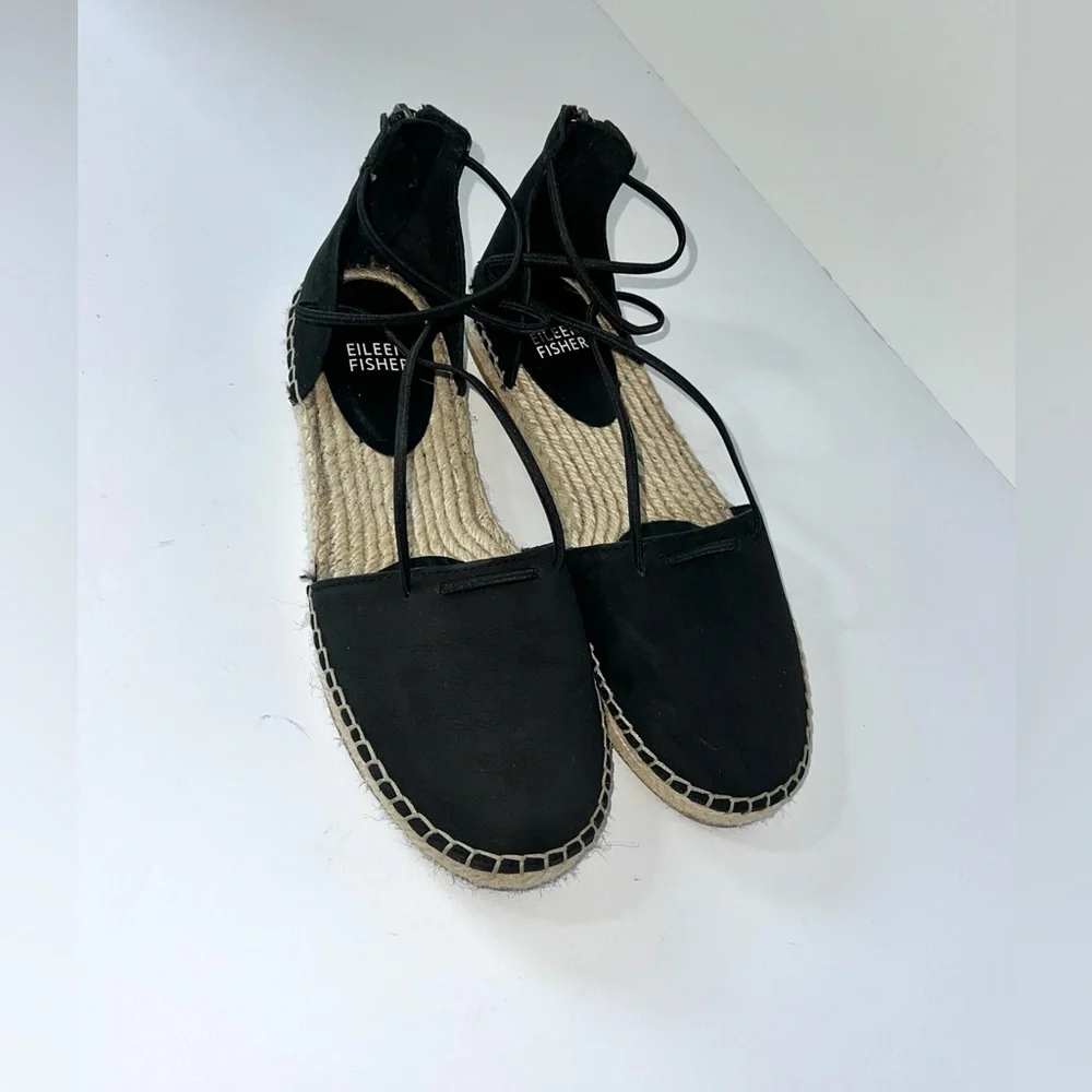 Eileen Fisher Sandal‎ Elastic Lace Up Espadrille Women Shoe Black Leather Sz 6
